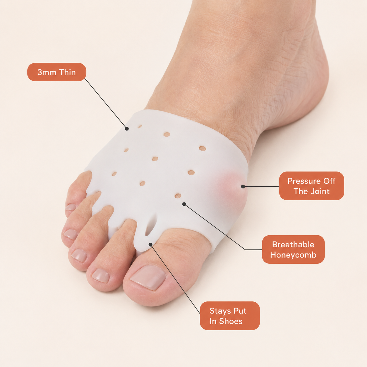 3mm thin, pressure off the joint, breathable, stays put in shoes