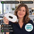 ComfyWrap cordless heating wrap held by a woman in an office. 149°F top heat, nobody can tell, no cord, no outlet. 90-night money-back guarantee, 2,846 verified reviews