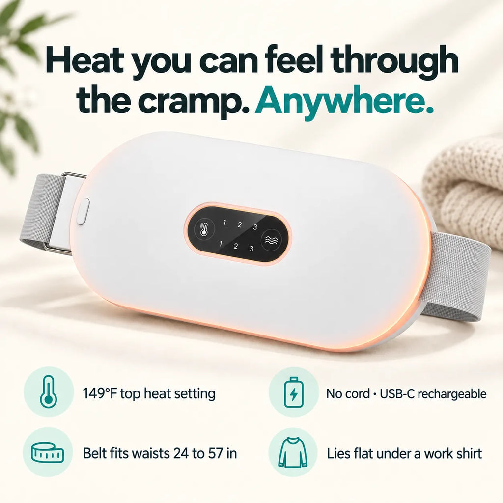 Heat you can feel through the cramp. Anywhere. 149°F top heat, no cord USB-C rechargeable, belt fits waists 24 to 57 in, lies flat under a work shirt
