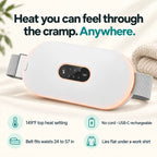 Heat you can feel through the cramp. Anywhere. 149°F top heat, no cord USB-C rechargeable, belt fits waists 24 to 57 in, lies flat under a work shirt
