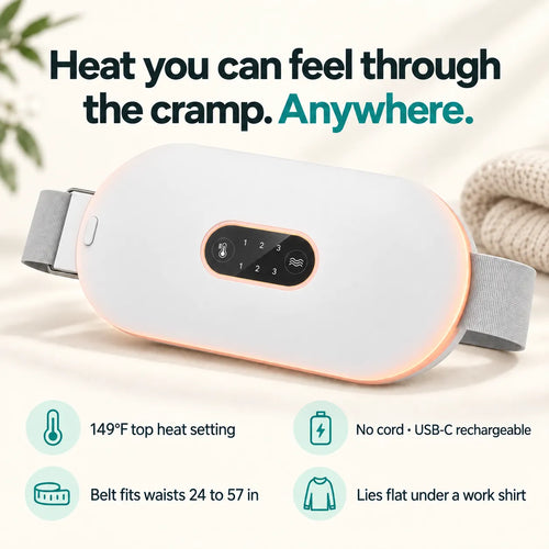 Heat you can feel through the cramp. Anywhere. 149°F top heat, no cord USB-C rechargeable, belt fits waists 24 to 57 in, lies flat under a work shirt