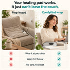 Plug-in heating pad vs the ComfyWrap: wear it at your desk, in the car, no cord