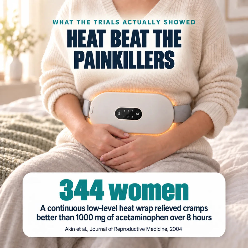 Heat beat the painkillers: in a trial of 344 women a continuous low-level heat wrap relieved cramps better than 1000 mg of acetaminophen over 8 hours