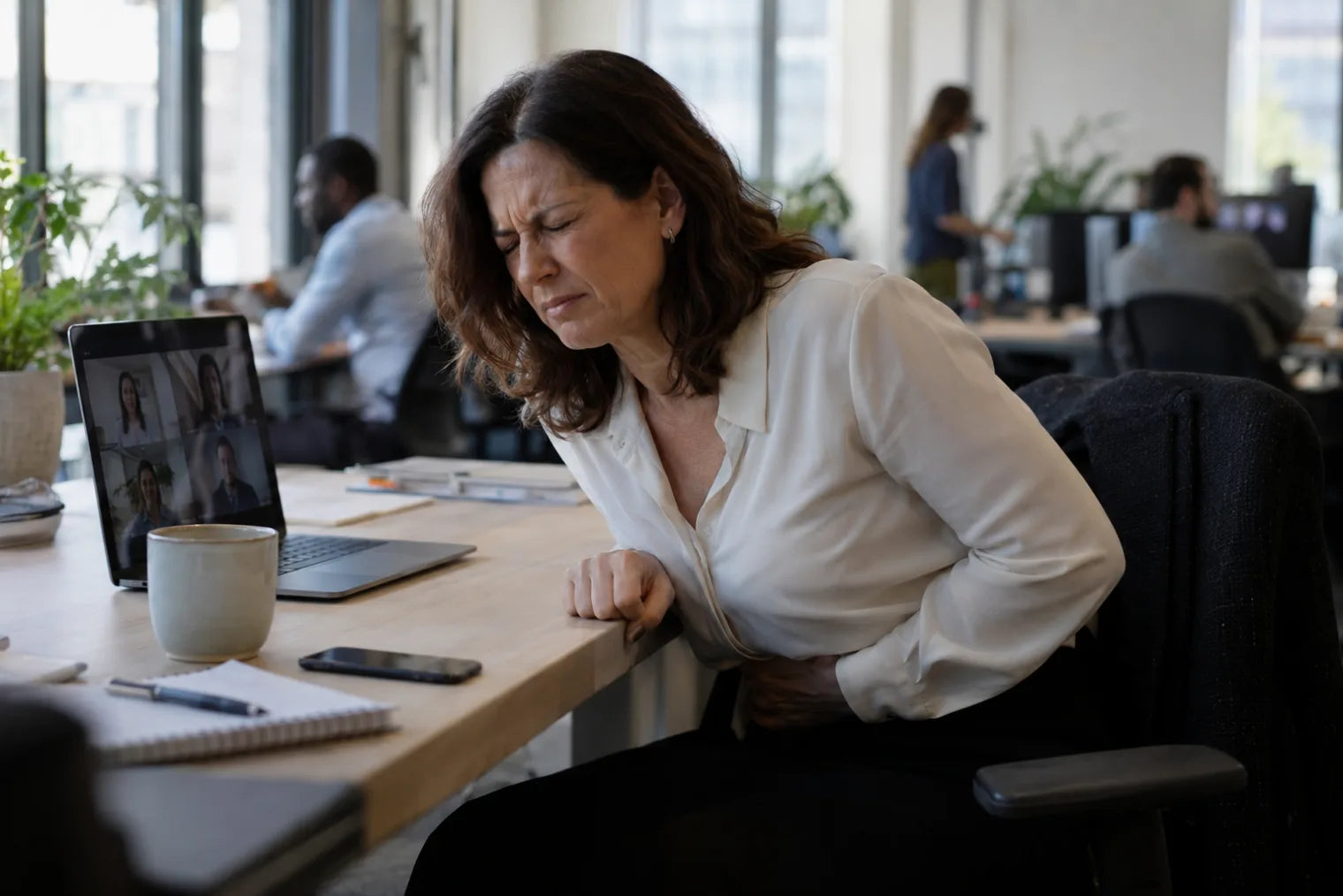 A woman at an office desk, eyes shut and hunched in pain, one hand pressed low on her stomach below the desk, a muted video call on the laptop