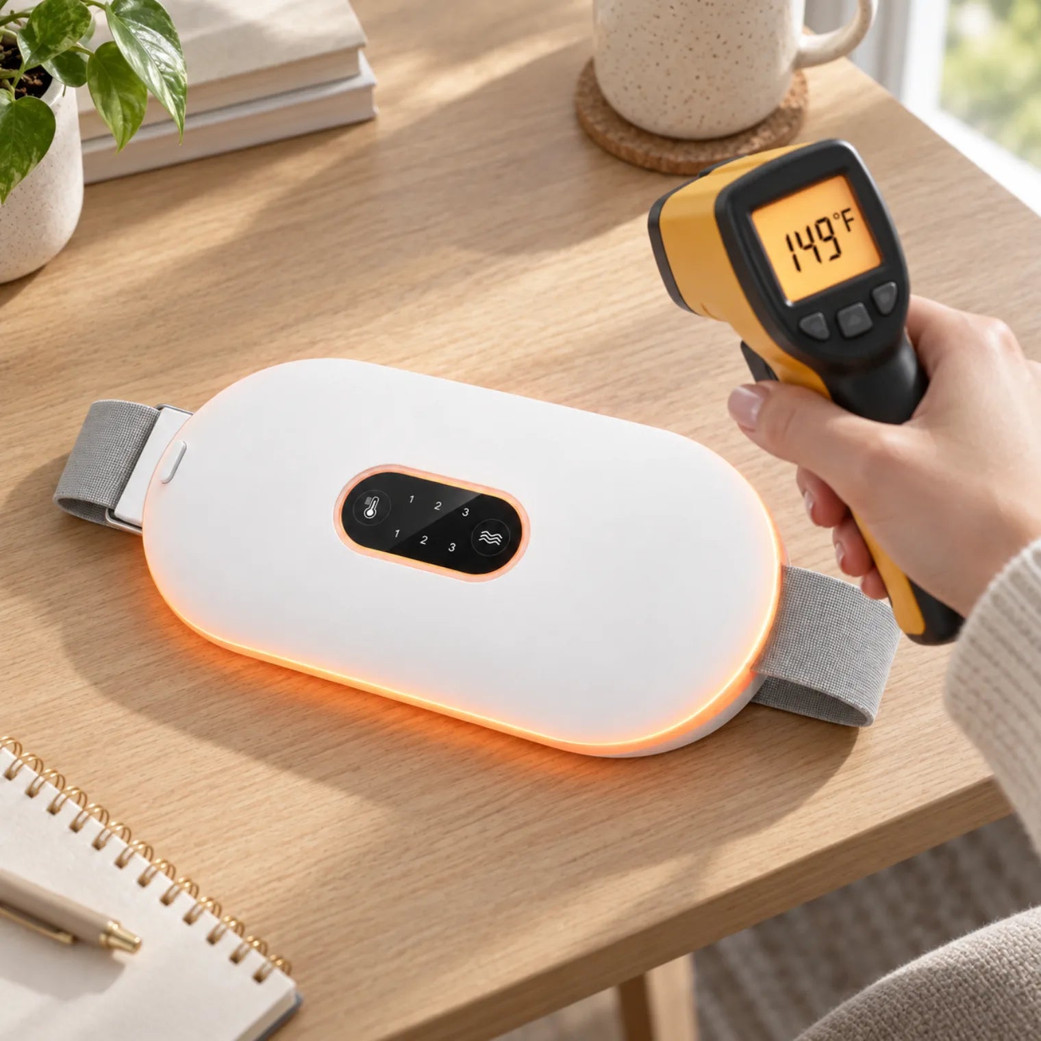An infrared thermometer pointed at the ComfyWrap pad reading 149 degrees Fahrenheit, with the six heat levels listed beside it
