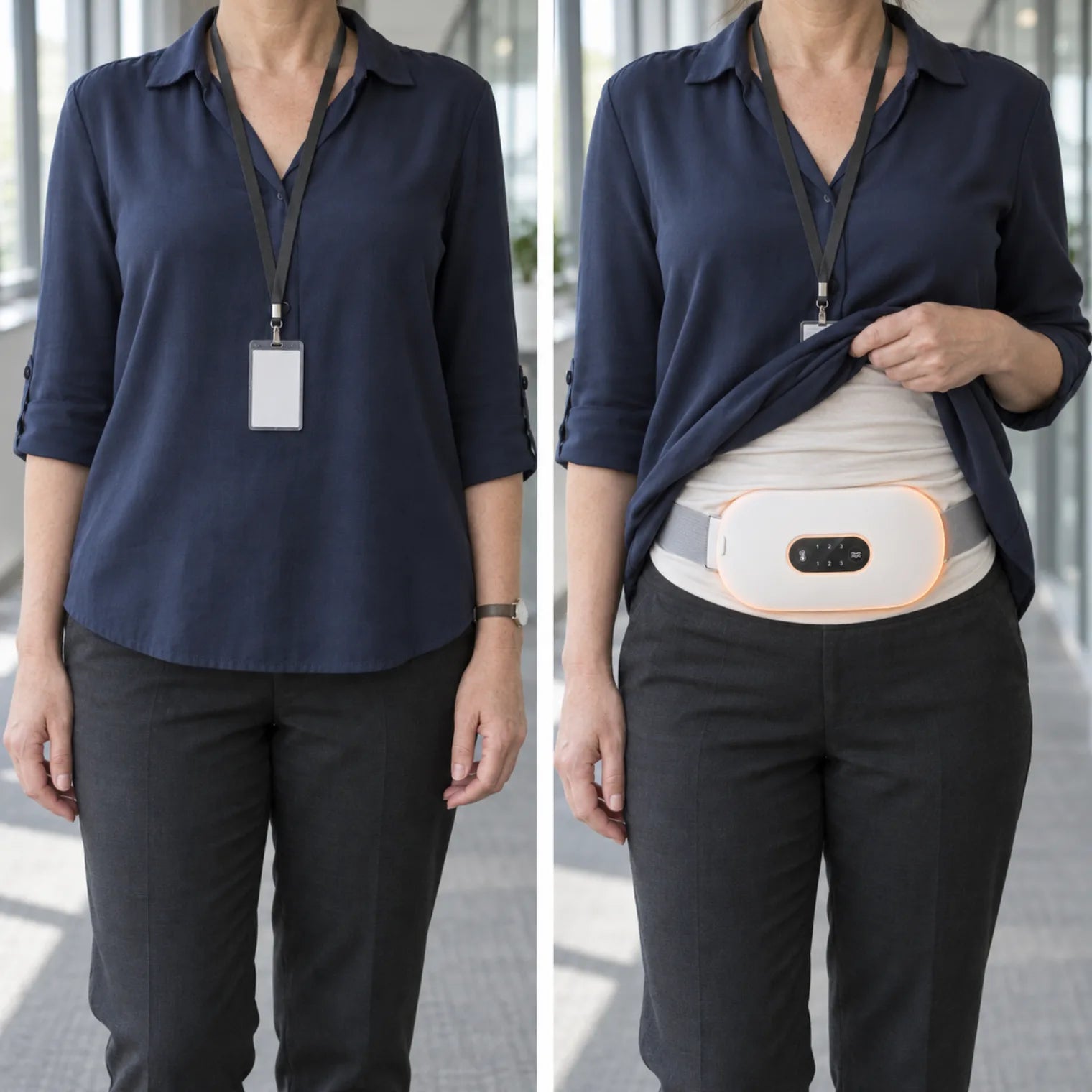 Side-by-side, framed from the collar down: a work blouse hanging naturally with nothing visible, then the hem lifted to show the ComfyWrap belt underneath